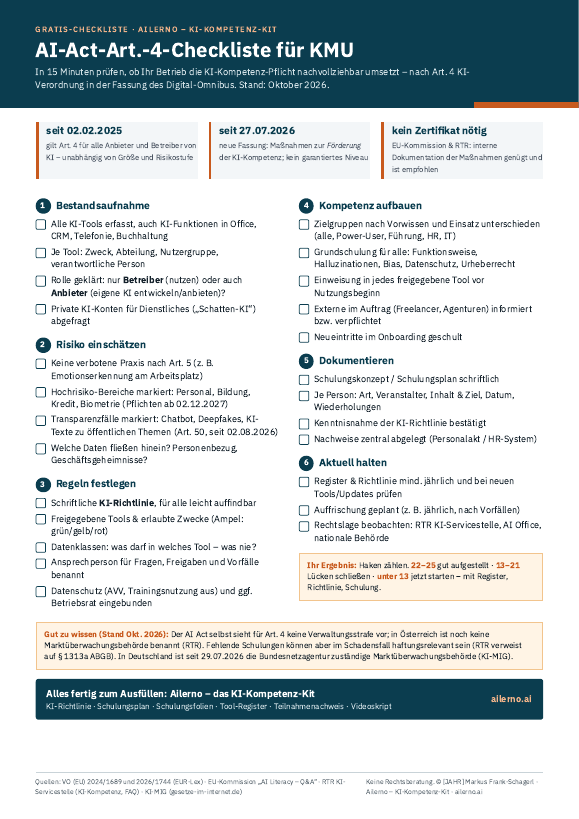 Vorschau: AI-Act-Art.-4-Checkliste für KMU (1 Seite, 25 Prüfpunkte)